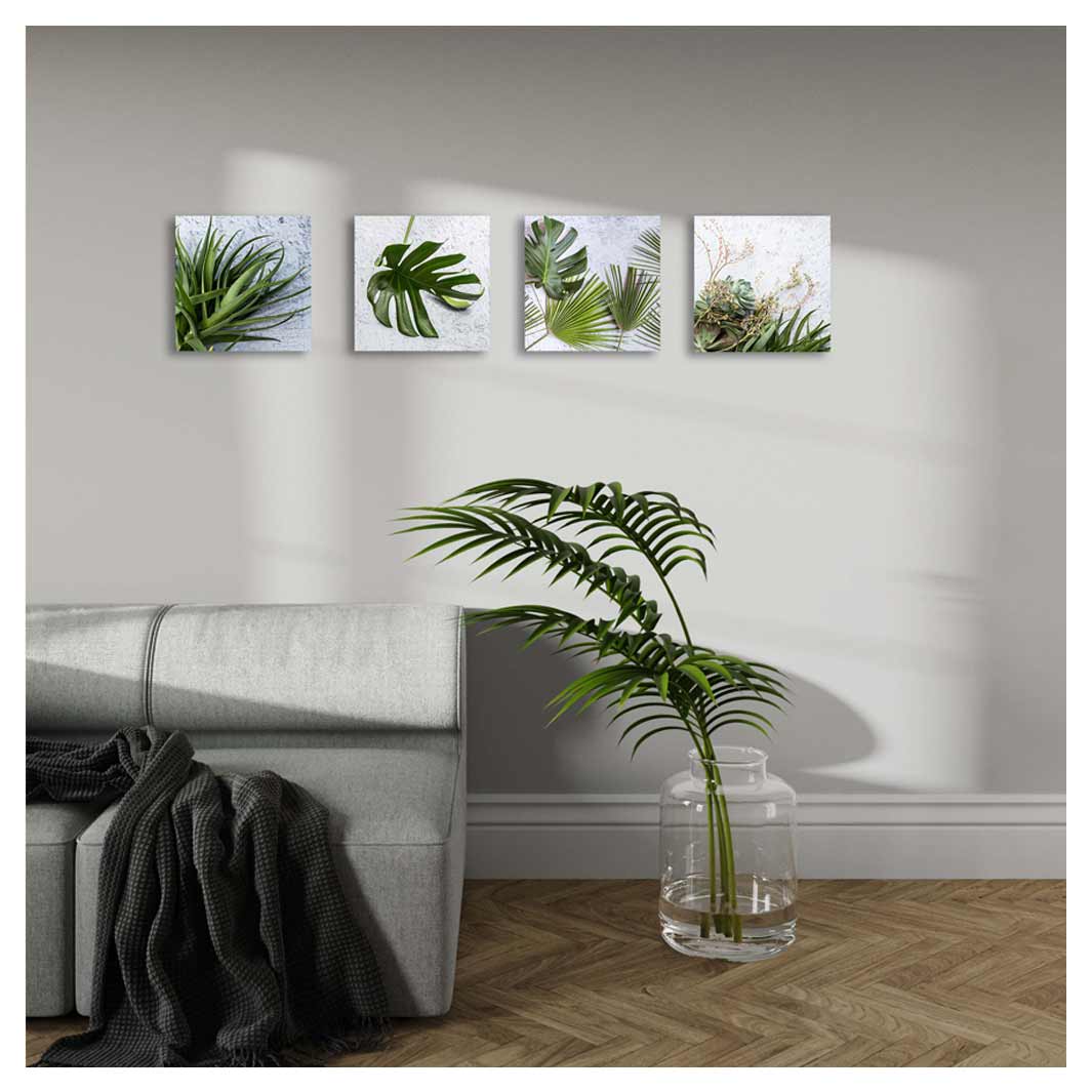 GREEN AND BOLD PALM AND ALOE LEAVES BIRCH BLOCK 4 PIECE COLLAGE