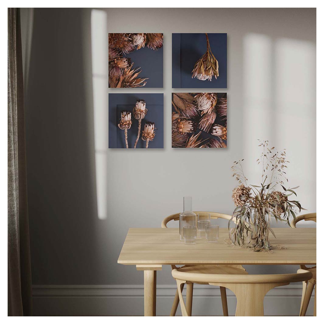 GOLDEN PROTEA ARRANGEMENT BIRCH BLOCK 4 PIECE COLLAGE