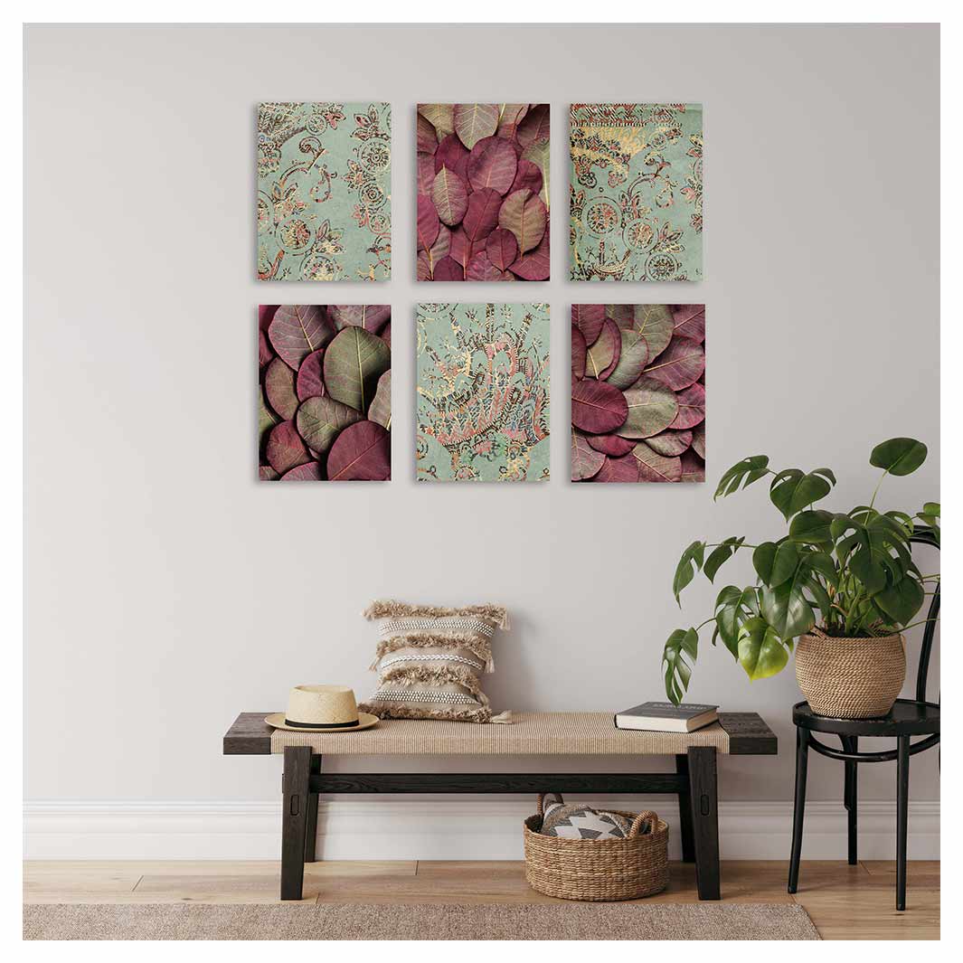 MAUVE AND GREEN PATTERNS BIRCH BLOCKS 6 PIECE COLLAGE