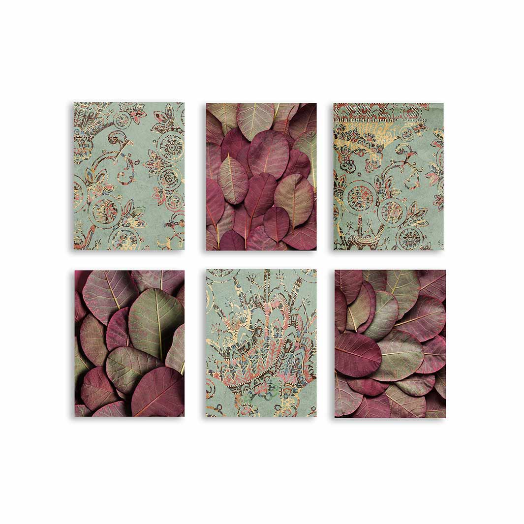 MAUVE AND GREEN PATTERNS BIRCH BLOCKS 6 PIECE COLLAGE