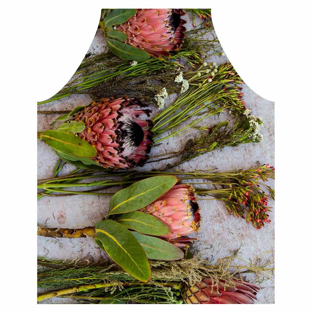 FLORAL PINK MIXED PROTEAS WITH GREEN FOLIAGE APRON