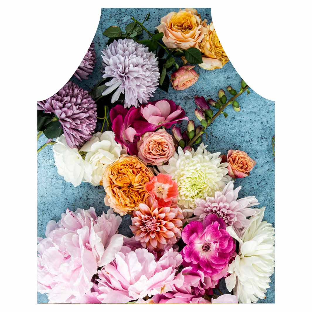 FLORAL PINK PEONY AND DAHLIA BOUQUET ON BLUE APRON