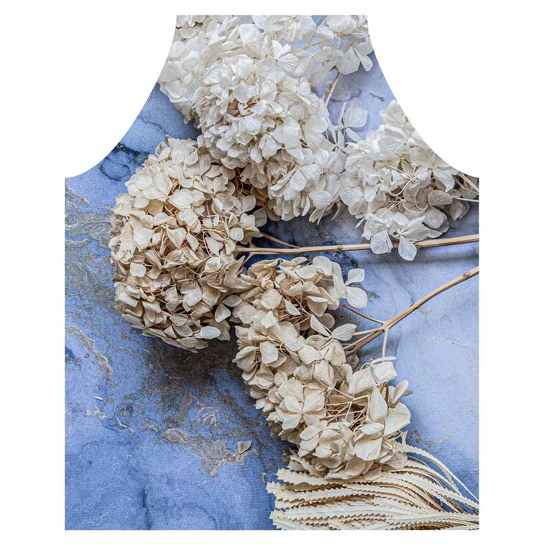 FLORAL CREAM BLEACHED HYDRANGEAS ON BLUE APRON