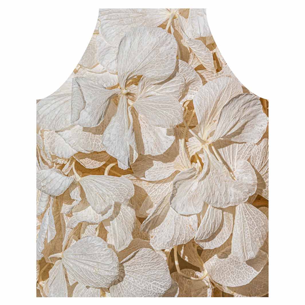 FLORAL CREAM BLEACHED HYDRANGEA LEAVES APRON
