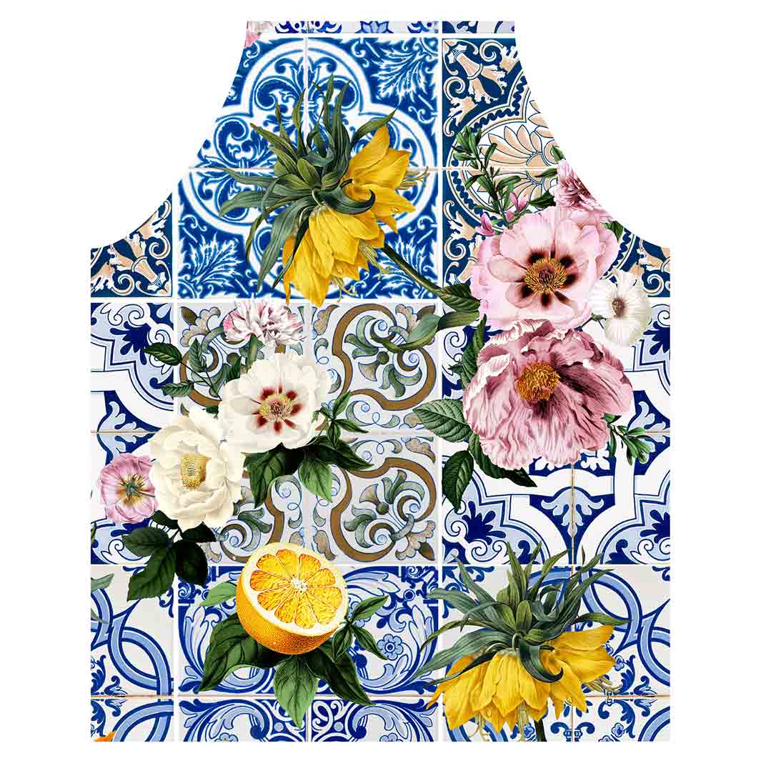 PATTERN BLUE LISBON TILE WITH LEMONS & FLOWERS APRON