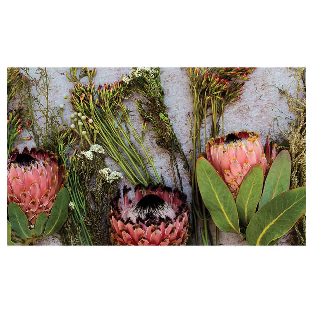 FLORAL PINK MIXED PROTEAS WITH GREEN FOLIAGE ANTI-FATIGUE KITCHEN MAT