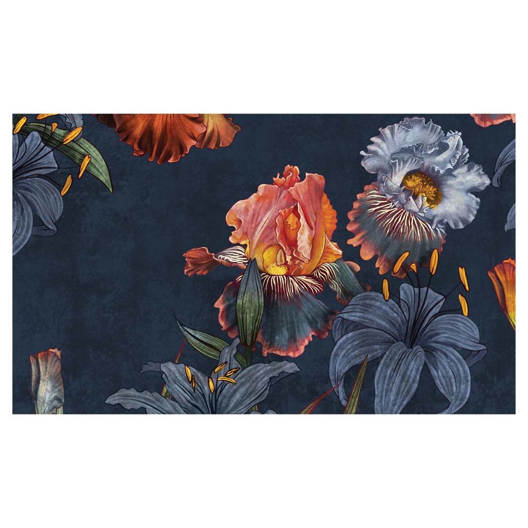 FLORAL NAVY LILIES AND IRIS PAINTING ANTI-FATIGUE KITCHEN MAT