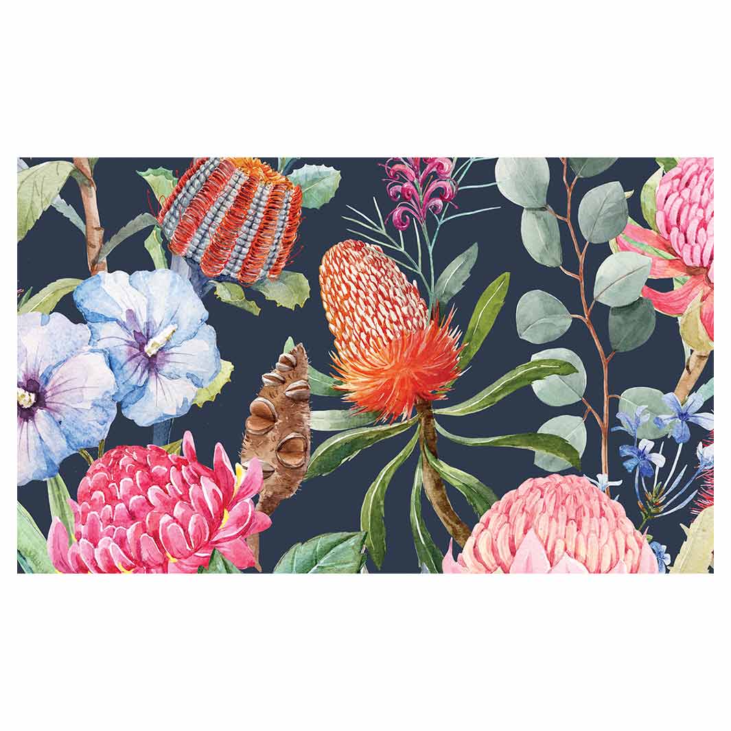 FLORAL NAVY MIXED FLOWERS WITH EUCALYPTUS LEAVES ANTI-FATIGUE KITCHEN MAT