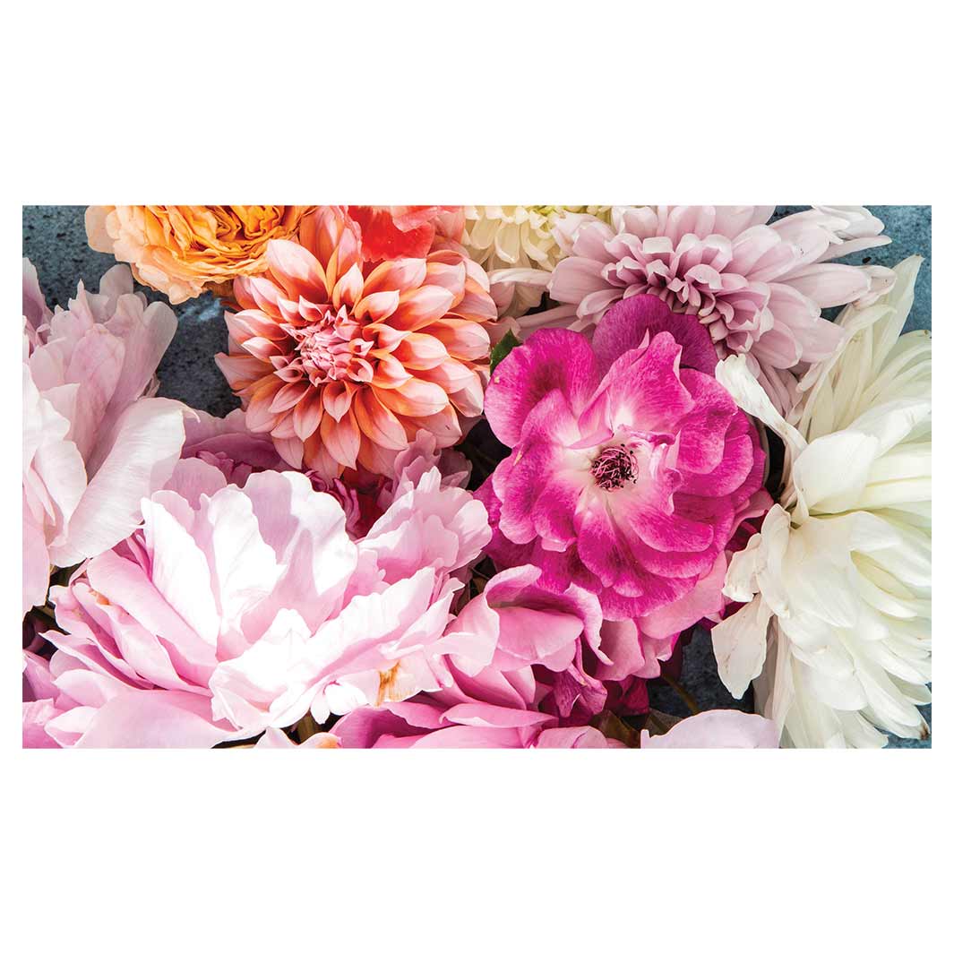FLORAL PINK PEONY AND DAHLIA BOUQUET ON BLUE ANTI-FATIGUE KITCHEN MAT
