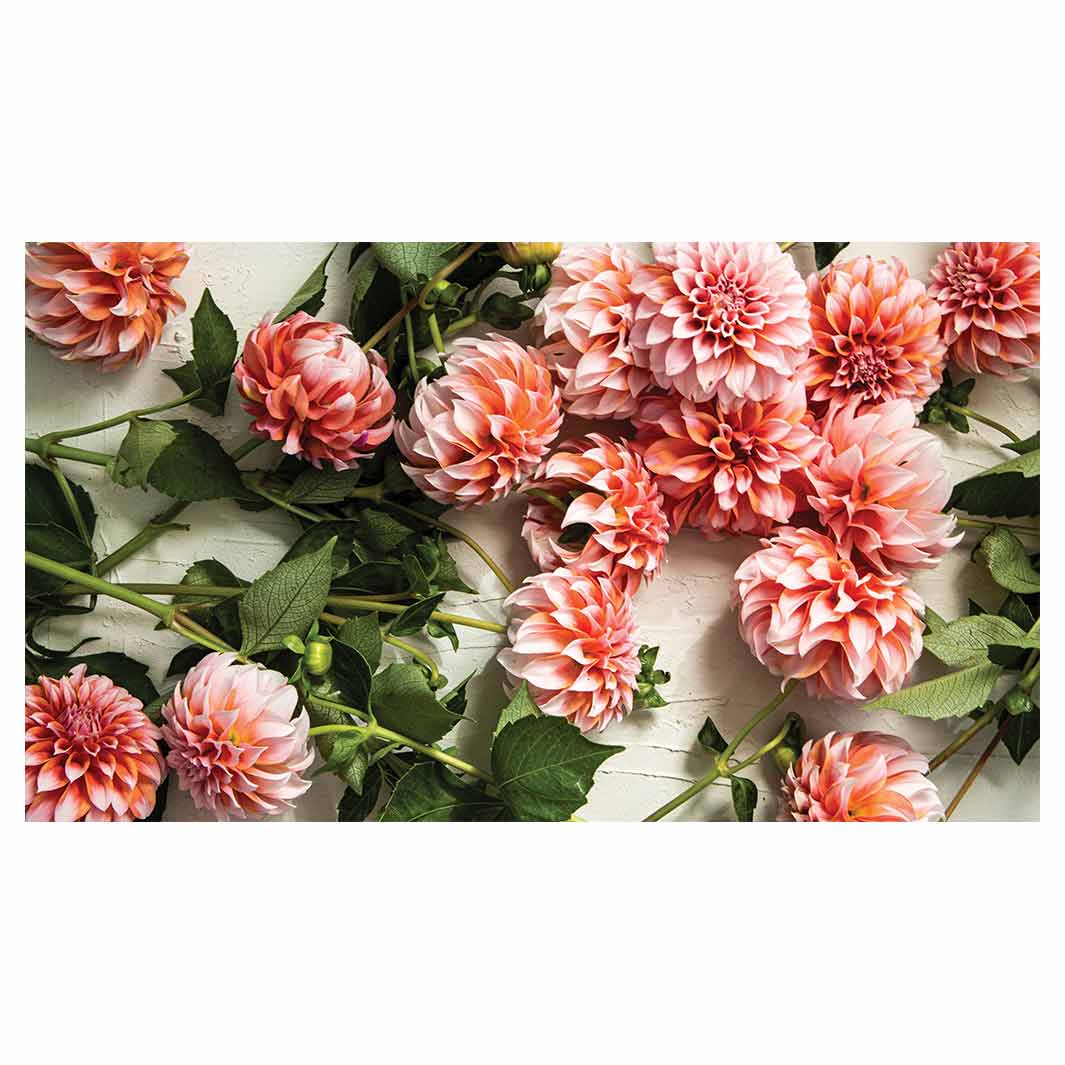 FLORAL ORANGE SCATTERED DAHLIAS WITH LEAVES ANTI-FATIGUE KITCHEN MAT