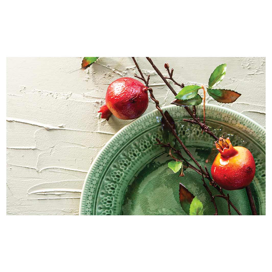 NATURAL RED POMEGRANATES ON GREEN PLATE ANTI-FATIGUE KITCHEN MAT