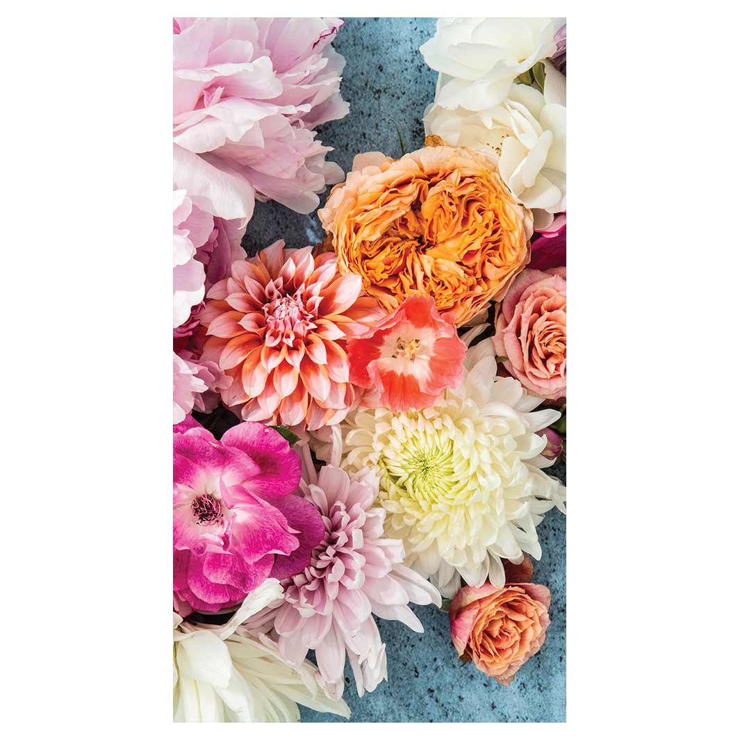FLORAL PINK PEONY AND DAHLIA BOUQUET ON BLUE BUFF