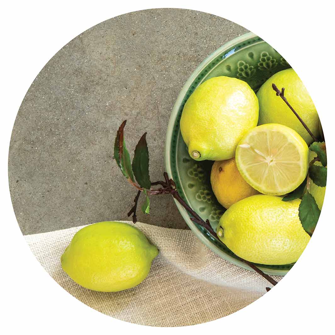 NATURAL YELLOW LEMONS WITH LINEN ROUND CLOCK