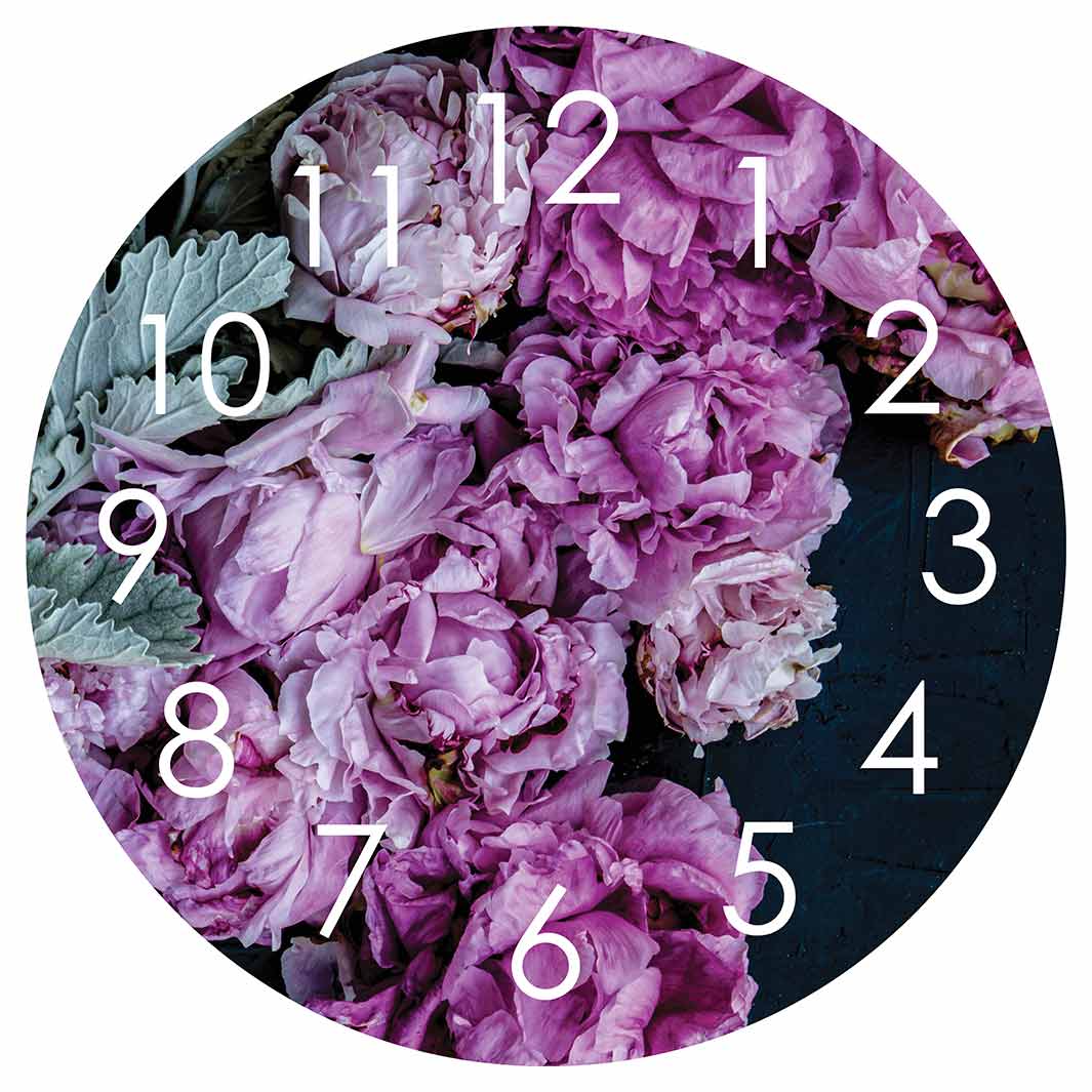 FLORAL SILVER LEAVES WITH PINK PEONIES ROUND CLOCK