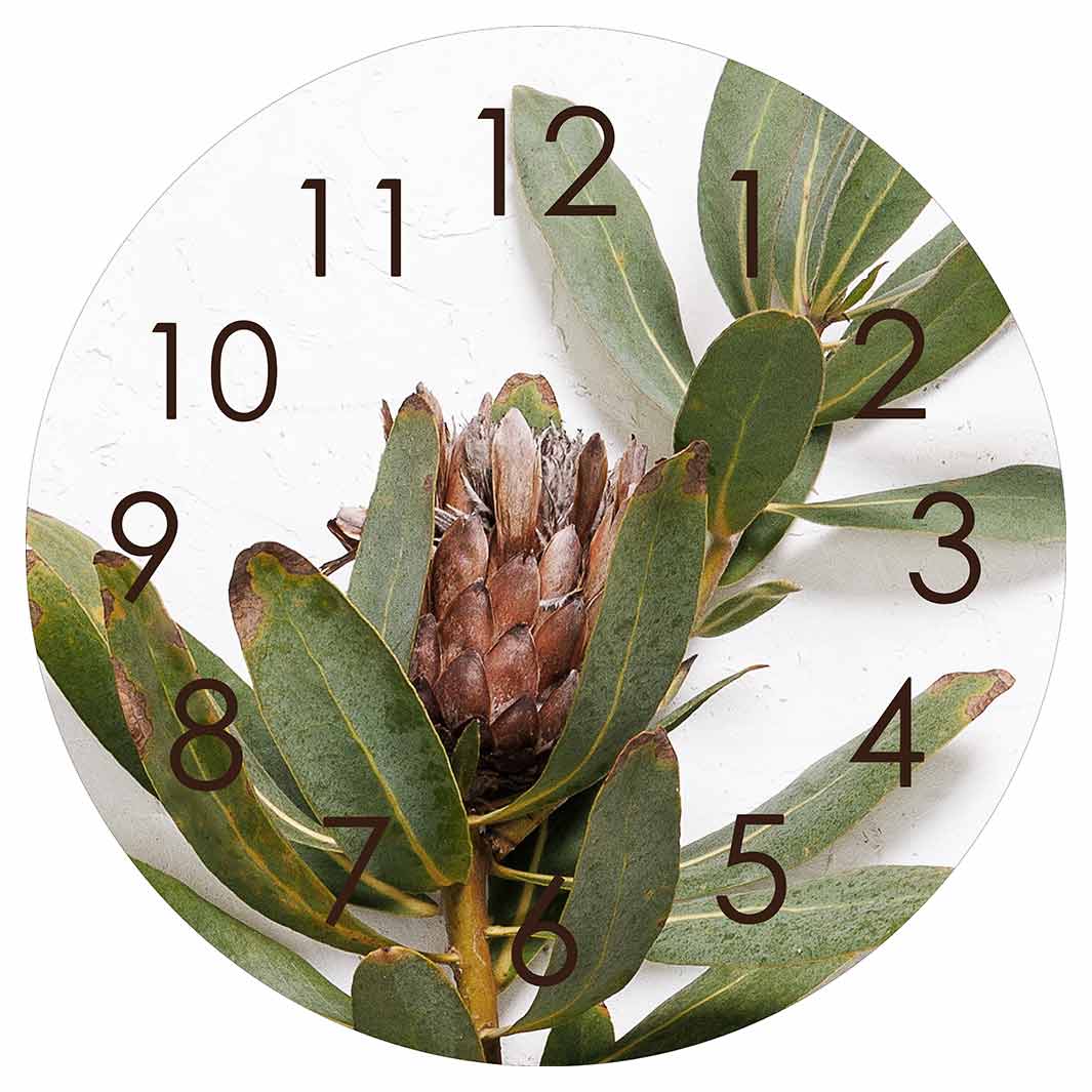 DRIED PROTEA WITH GREEN LEAVES ROUND CLOCK