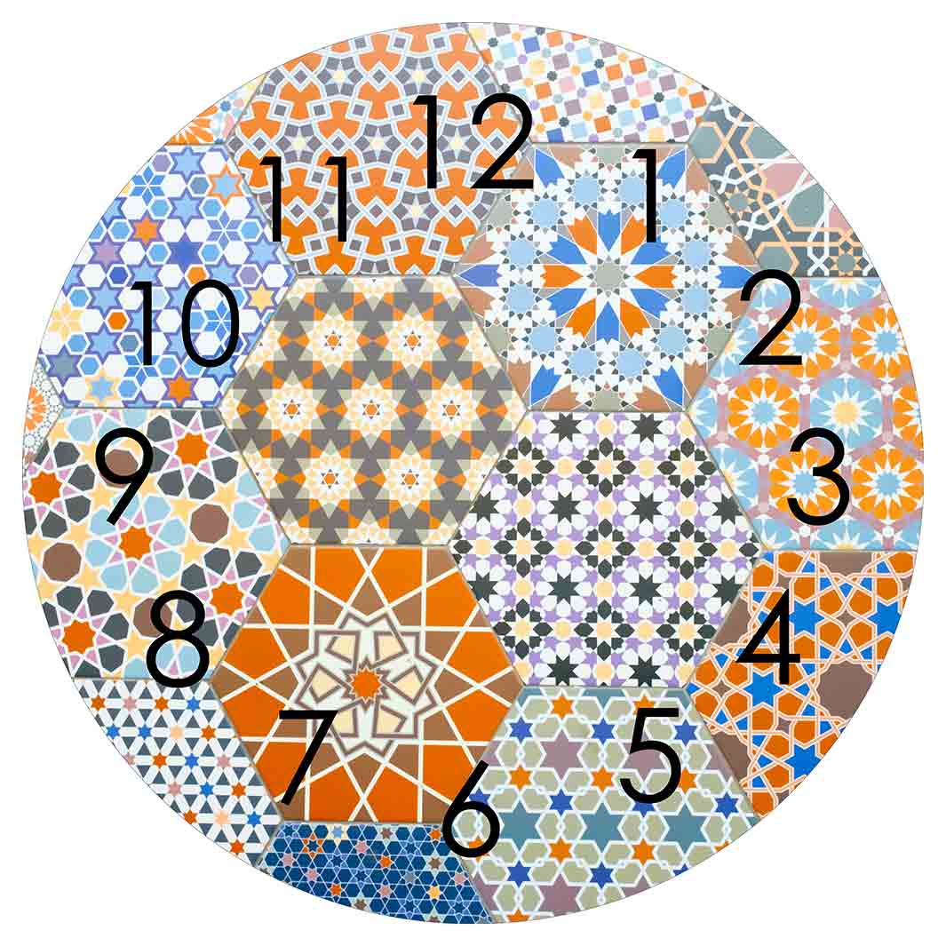 HEXAGON ORANGE AND BLUE PATTERN TILES ROUND CLOCK