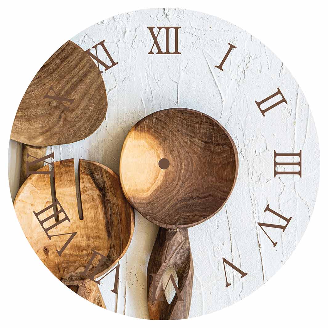 NATURAL BROWN WOODEN SPOONS ON GREY AND WHITE ROUND CLOCK