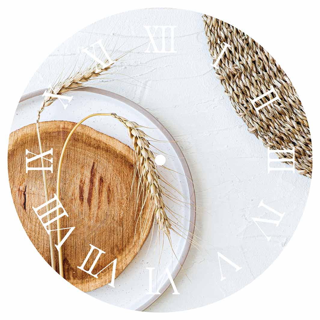 NATURAL BEIGE WHEAT ON WOOD AND WHITE ROUND CLOCK