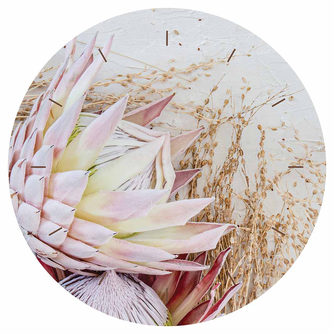 FLORAL PINK GRASSY PROTEA ROUND CLOCK