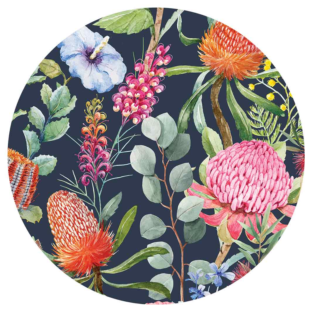 FLORAL NAVY MIXED FLOWERS WITH EUCALYPTUS LEAVES ROUND COASTER