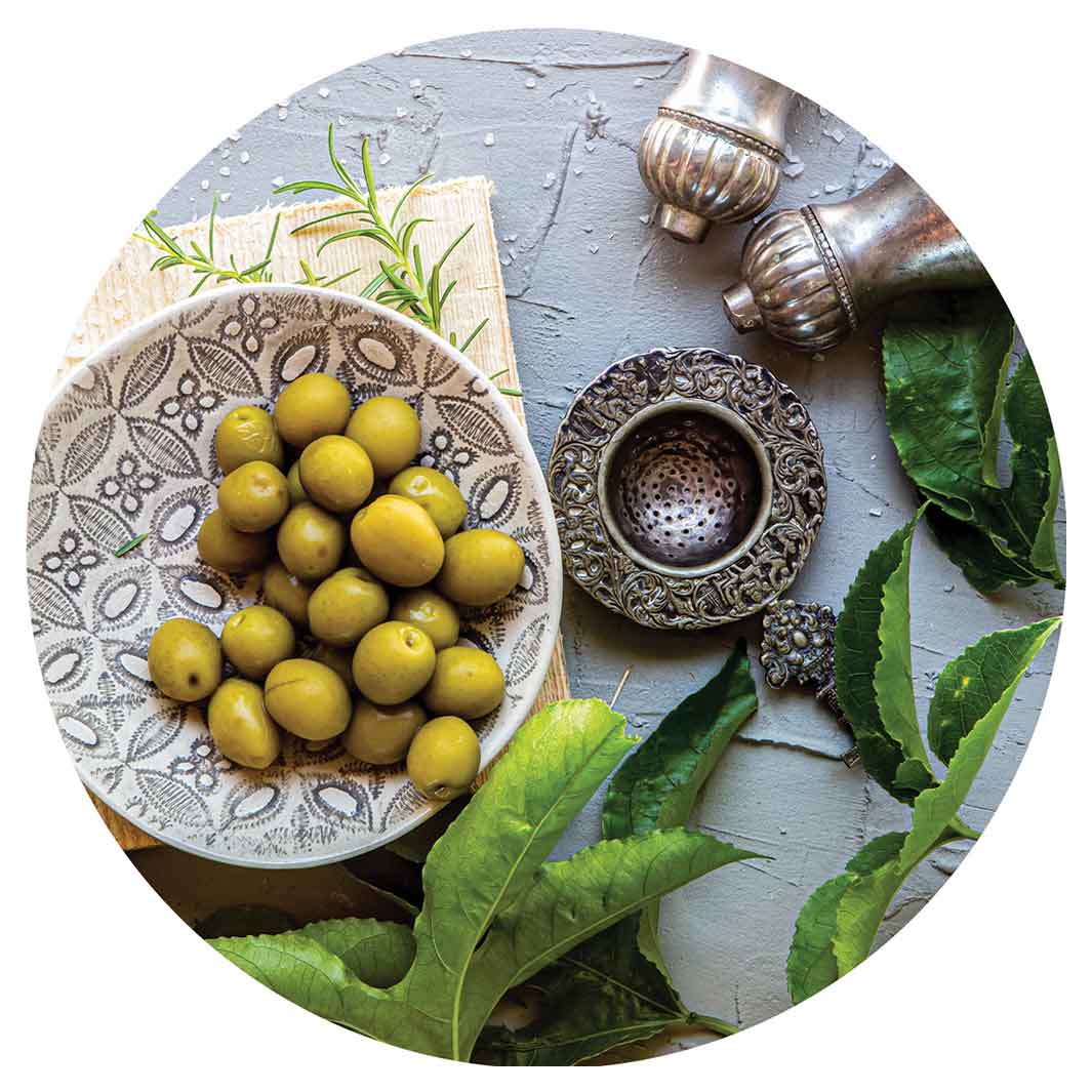 NATURAL SILVER SALT SHAKERS WITH GREEN OLIVES ROUND COASTER