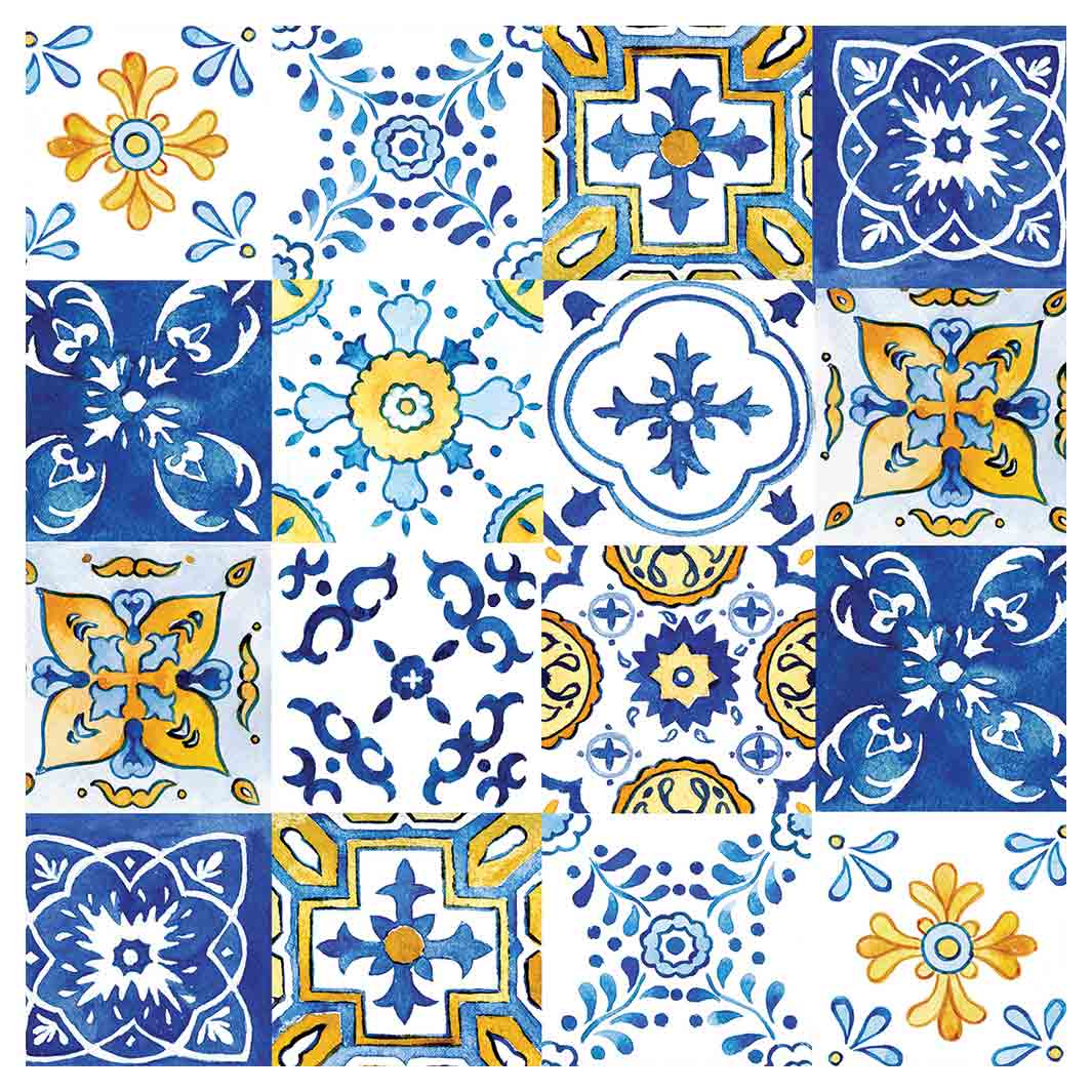 PATTERN BLUE AND YELLOW WATERCOLOUR LISBON TILE SQUARE COASTER