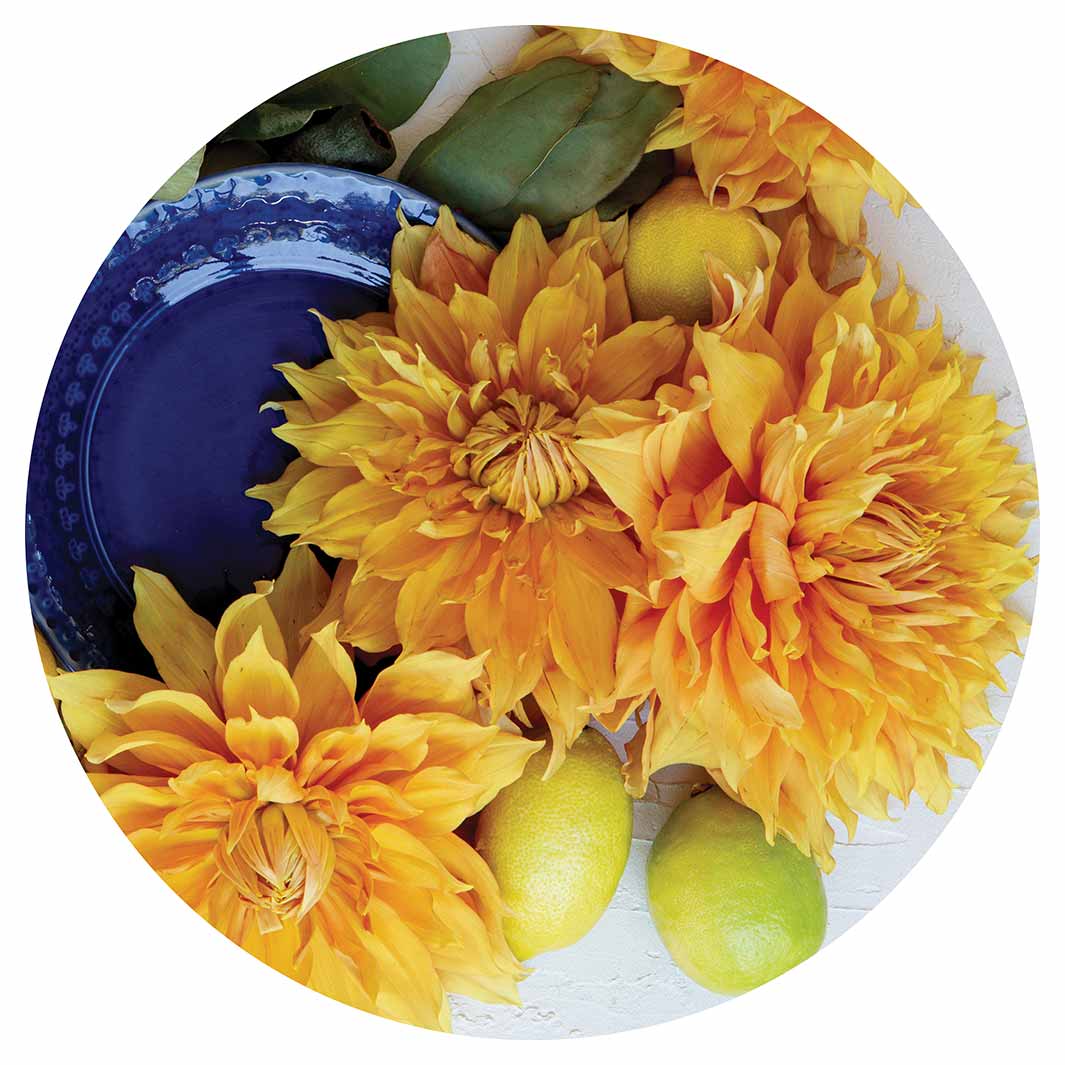 FLORAL YELLOW CHRYSANTHEMUM FLOWERS WITH FOLIAGE ROUND COFFEE TABLE
