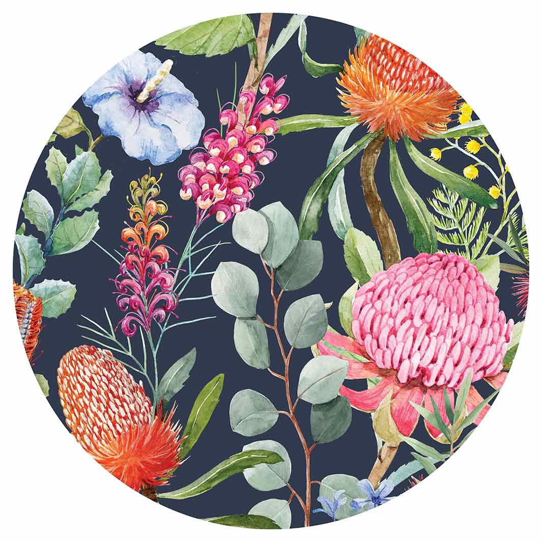 FLORAL NAVY MIXED FLOWERS WITH EUCALYPTUS LEAVES ROUND COFFEE TABLE
