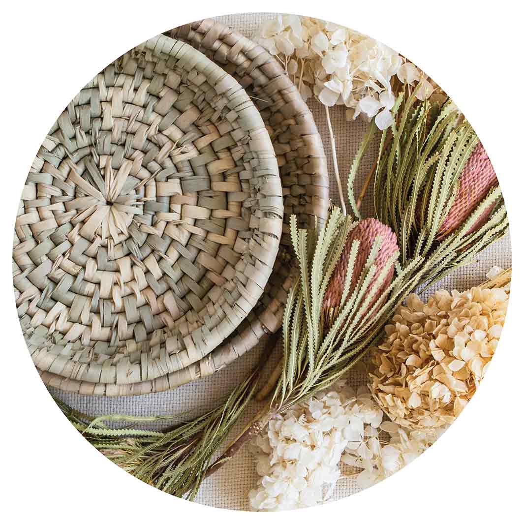 FLORAL CREAM AND GREY BASKET WITH PINK BANKSEAS ROUND COFFEE TABLE