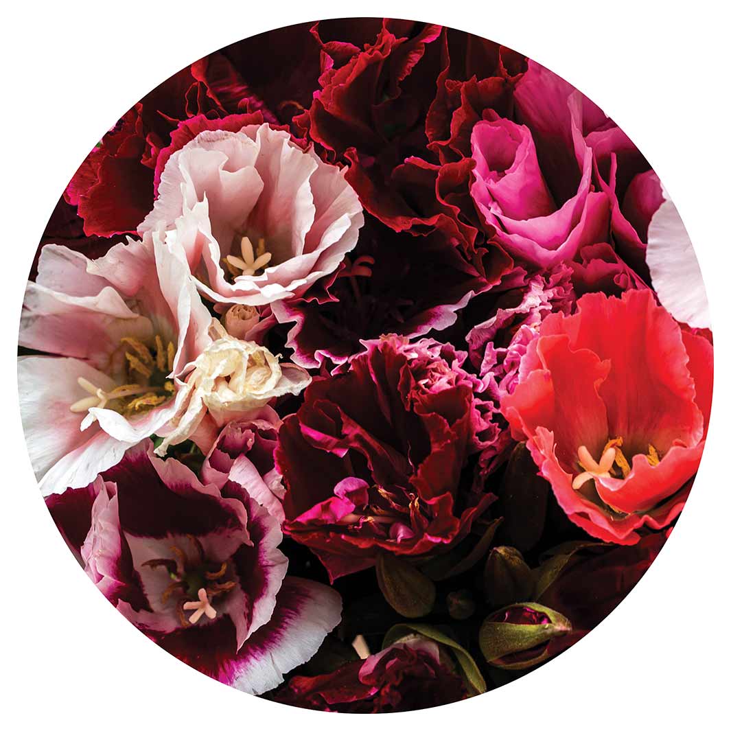 FLORAL PINK AND RED LISIANTHUS FLOWER MIX ROUND COFFEE TABLE