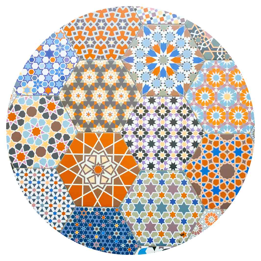 HEXAGON ORANGE AND BLUE PATTERN TILES ROUND COFFEE TABLE