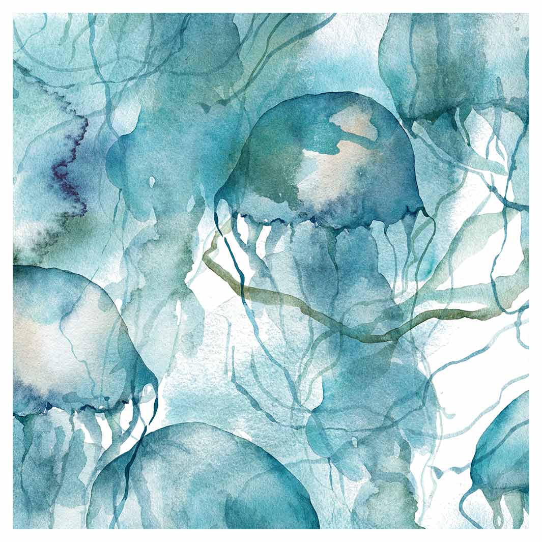 PATTERN BLUE OCEAN WATERCOLOUR JELLYFISH SQUARE COFFEE TABLE