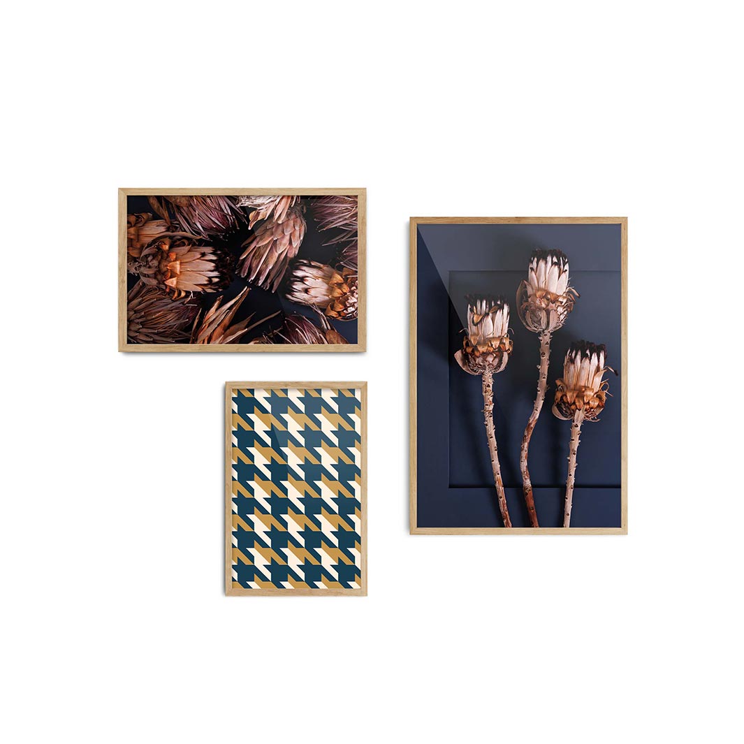 GOLDEN PROTEA AND BLUE CURATED WALL ART 3 PIECE