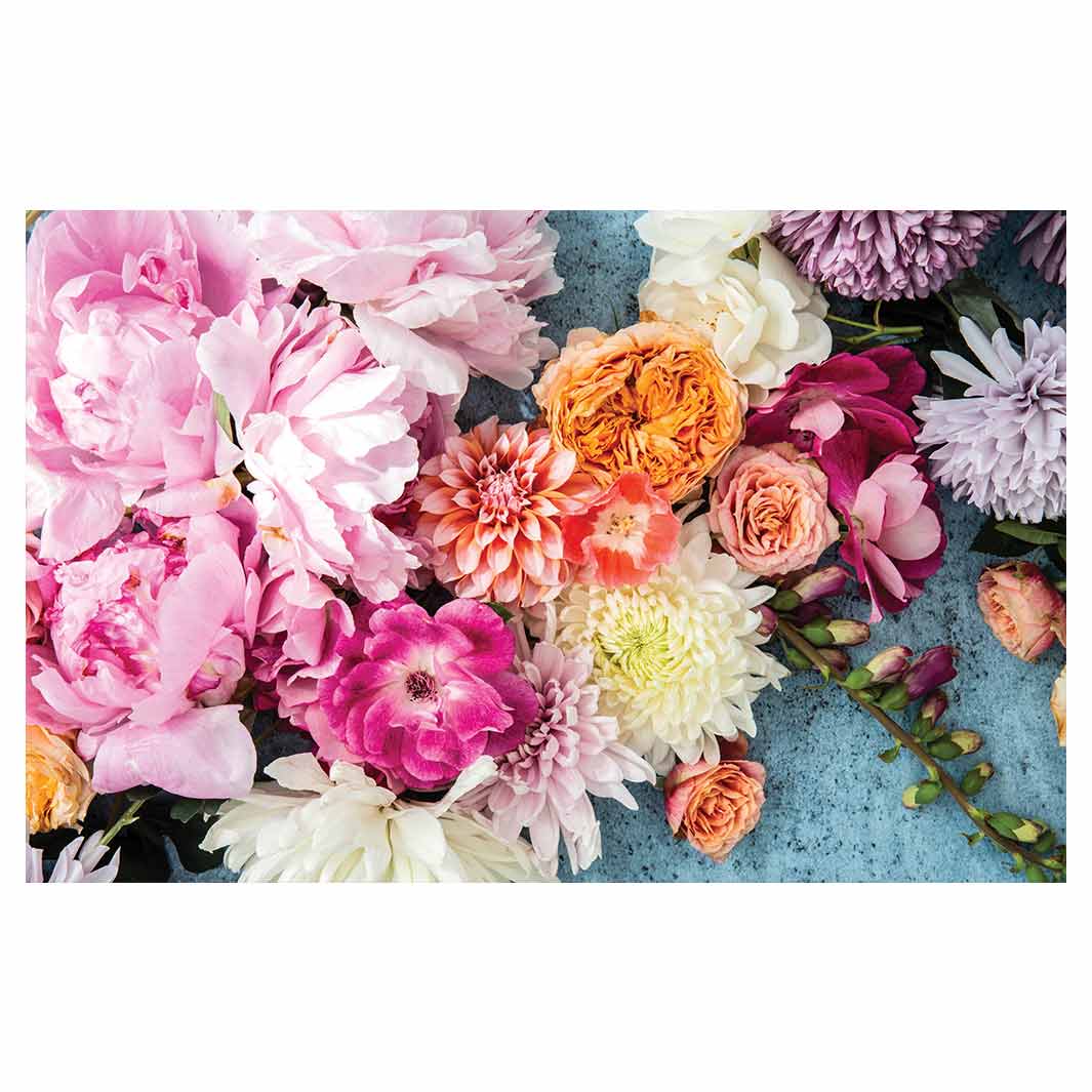 FLORAL PINK PEONY AND DAHLIA BOUQUET ON BLUE BATHMAT