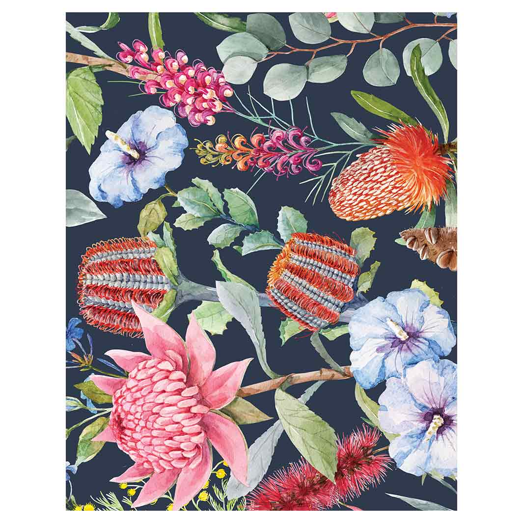FLORAL NAVY MIXED FLOWERS WITH EUCALYPTUS LEAVES FLEECE BLANKET