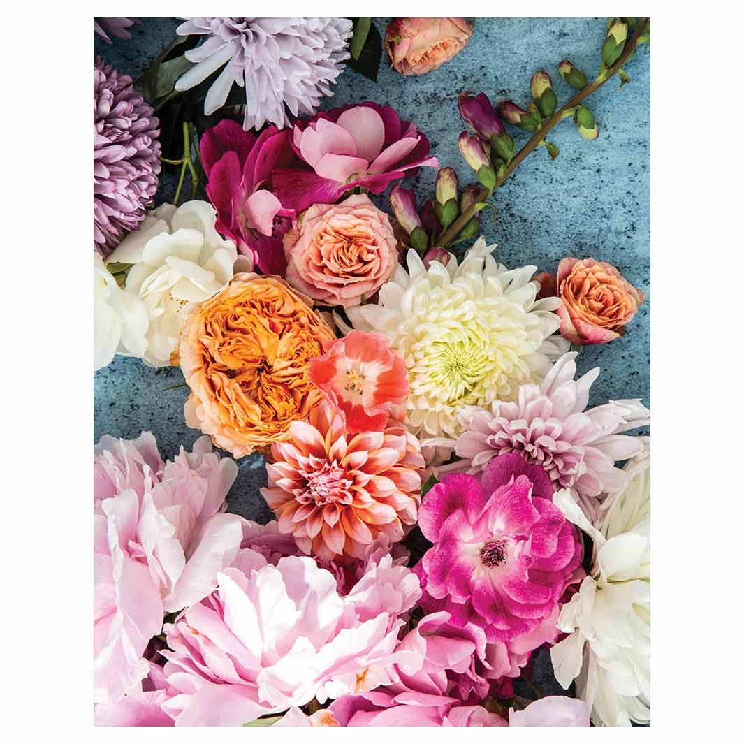 FLORAL PINK PEONY AND DAHLIA BOUQUET ON BLUE FLEECE BLANKET