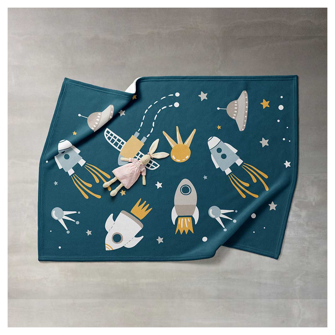 KIDS BLUE SPACESHIPS PATTERN FLEECE BLANKET