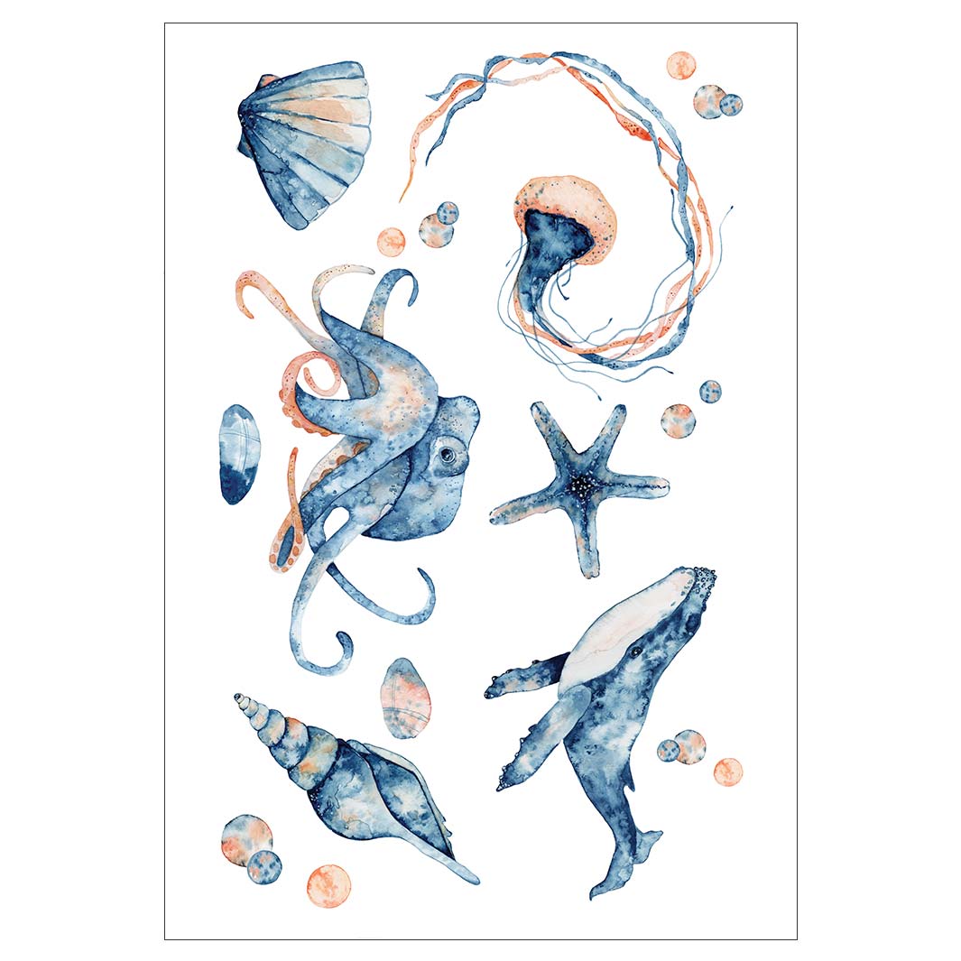 KIDS BLUE AND PEACH WATERCOLOUR SEA CREATURE FLEECE BLANKET