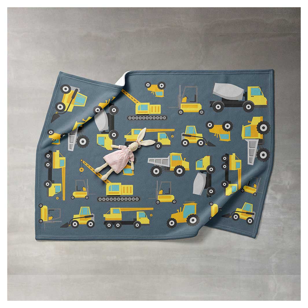 KIDS BLUE YELLOW CONSTRUCTION TRUCKS PATTERN FLEECE BLANKET