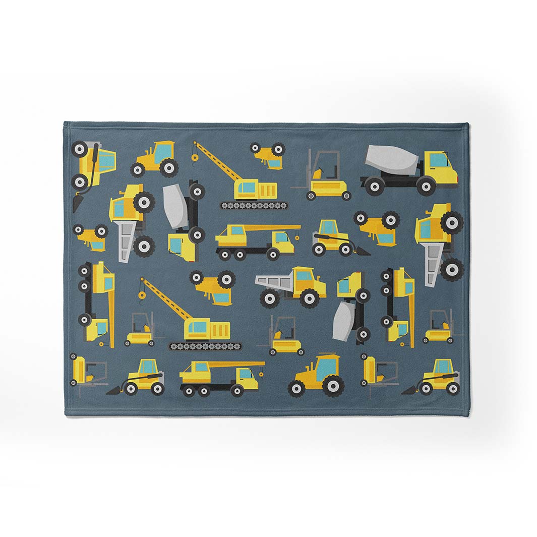 KIDS BLUE YELLOW CONSTRUCTION TRUCKS PATTERN FLEECE BLANKET