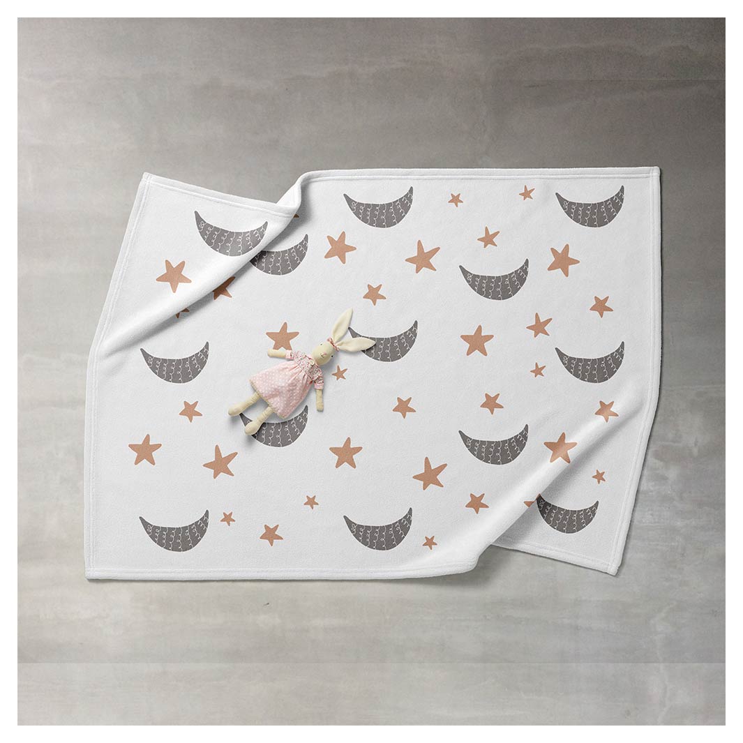 KIDS GREY AND PINK MOON AND STARS PATTERN FLEECE BLANKET