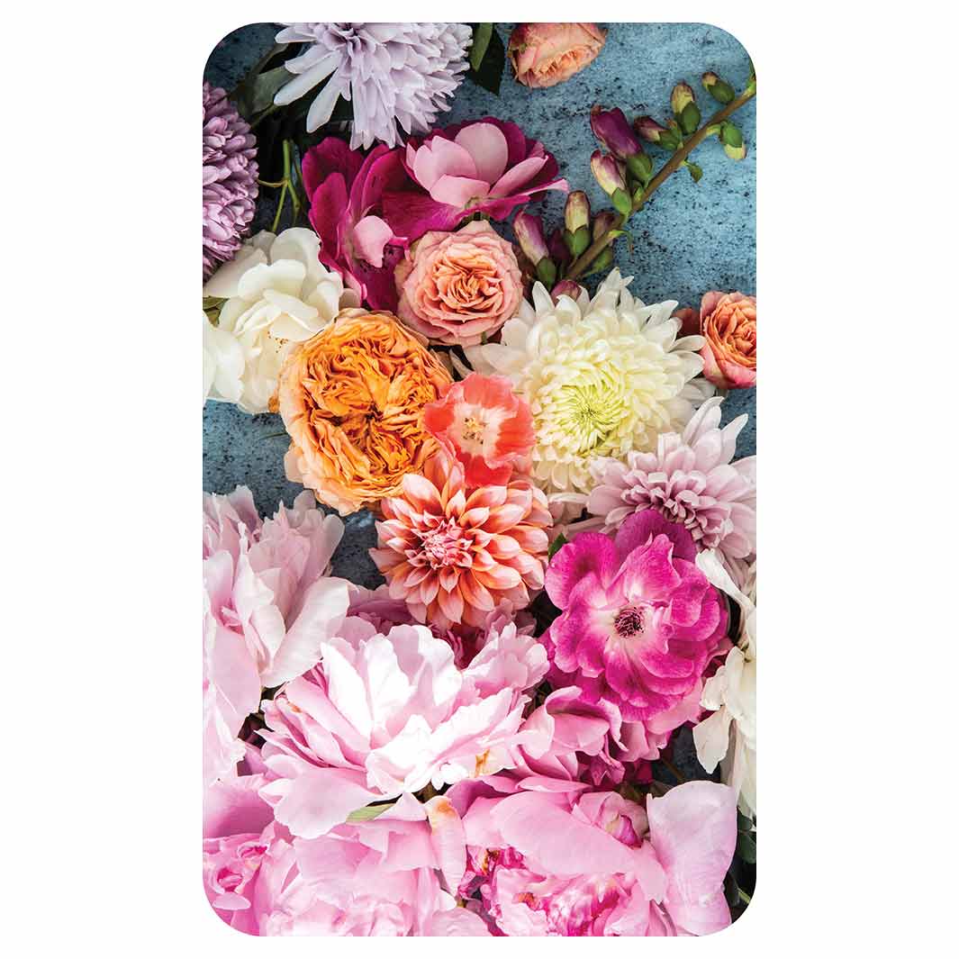 FLORAL PINK PEONY AND DAHLIA BOUQUET ON BLUE KITCHEN TOWEL