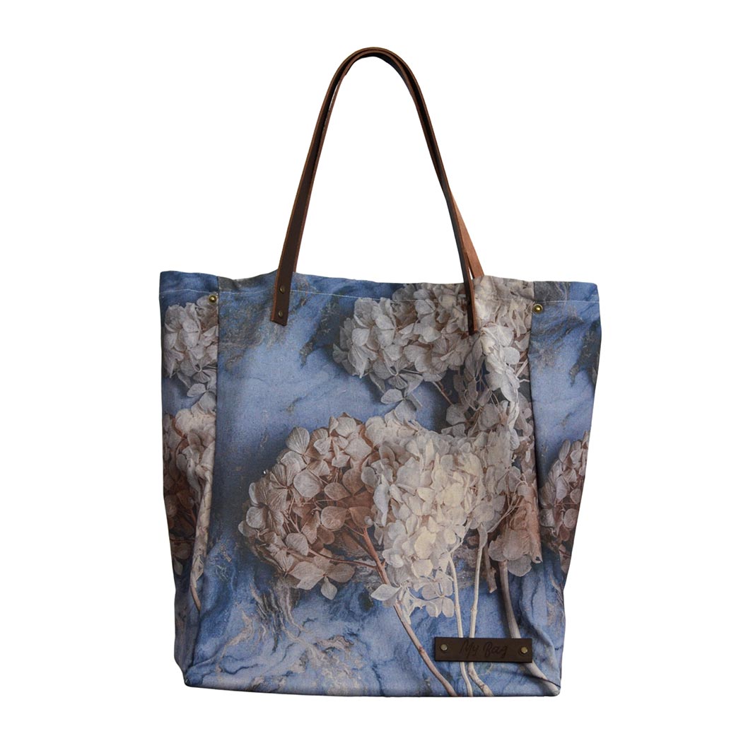 FLORAL CREAM BLEACHED HYDRANGEAS ON BLUE MY BAG