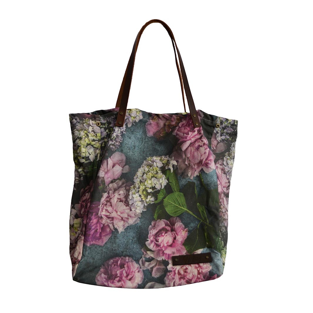 FLORAL PINK PEONY AND HYDRANGEAS ON BLUE MY BAG