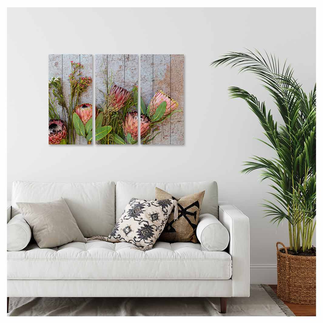 FLORAL PINK MIXED PROTEAS WITH GREEN FOLIAGE MDF 3 PIECE COLLAGE