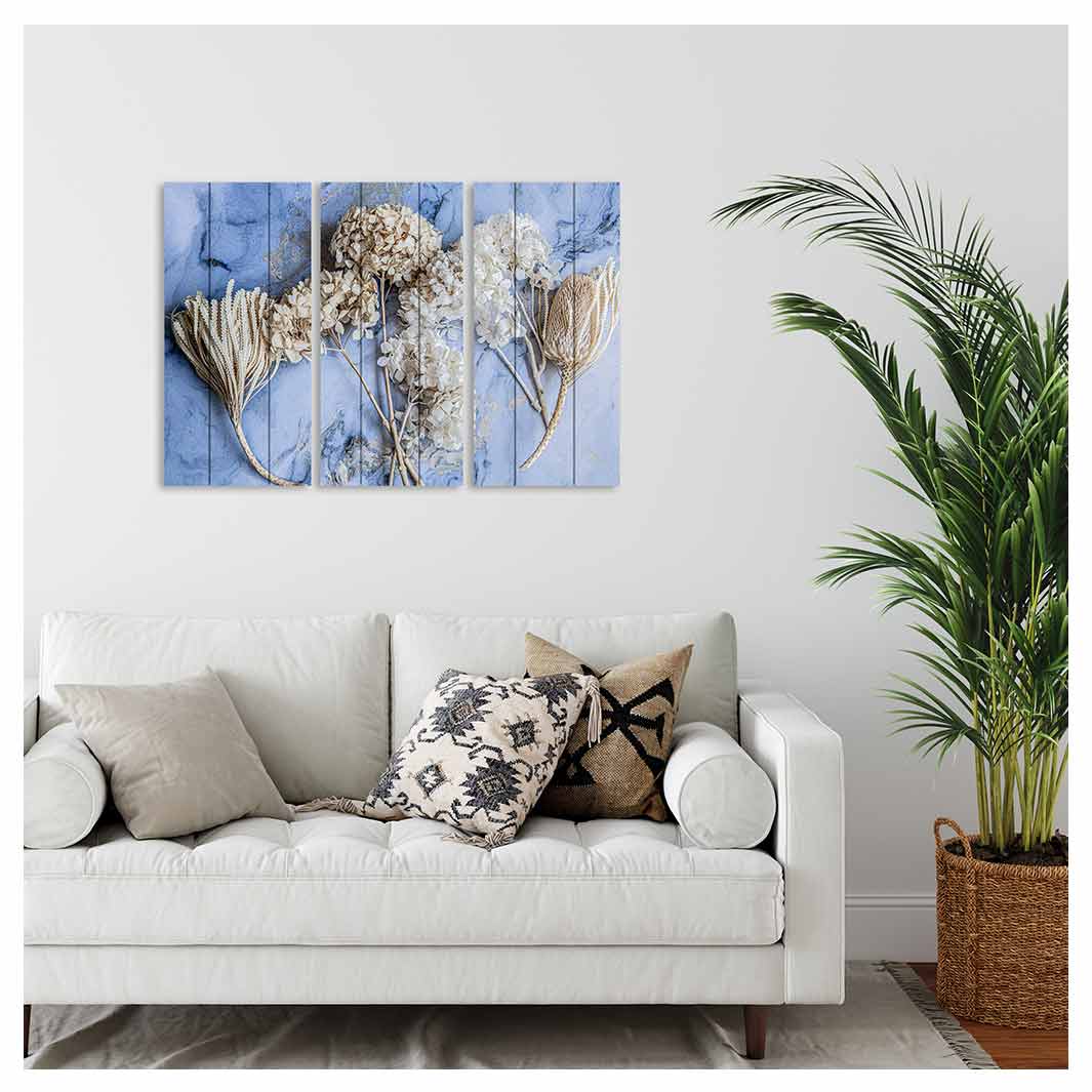 FLORAL CREAM BLEACHED HYDRANGEAS ON BLUE MDF 3 PIECE COLLAGE