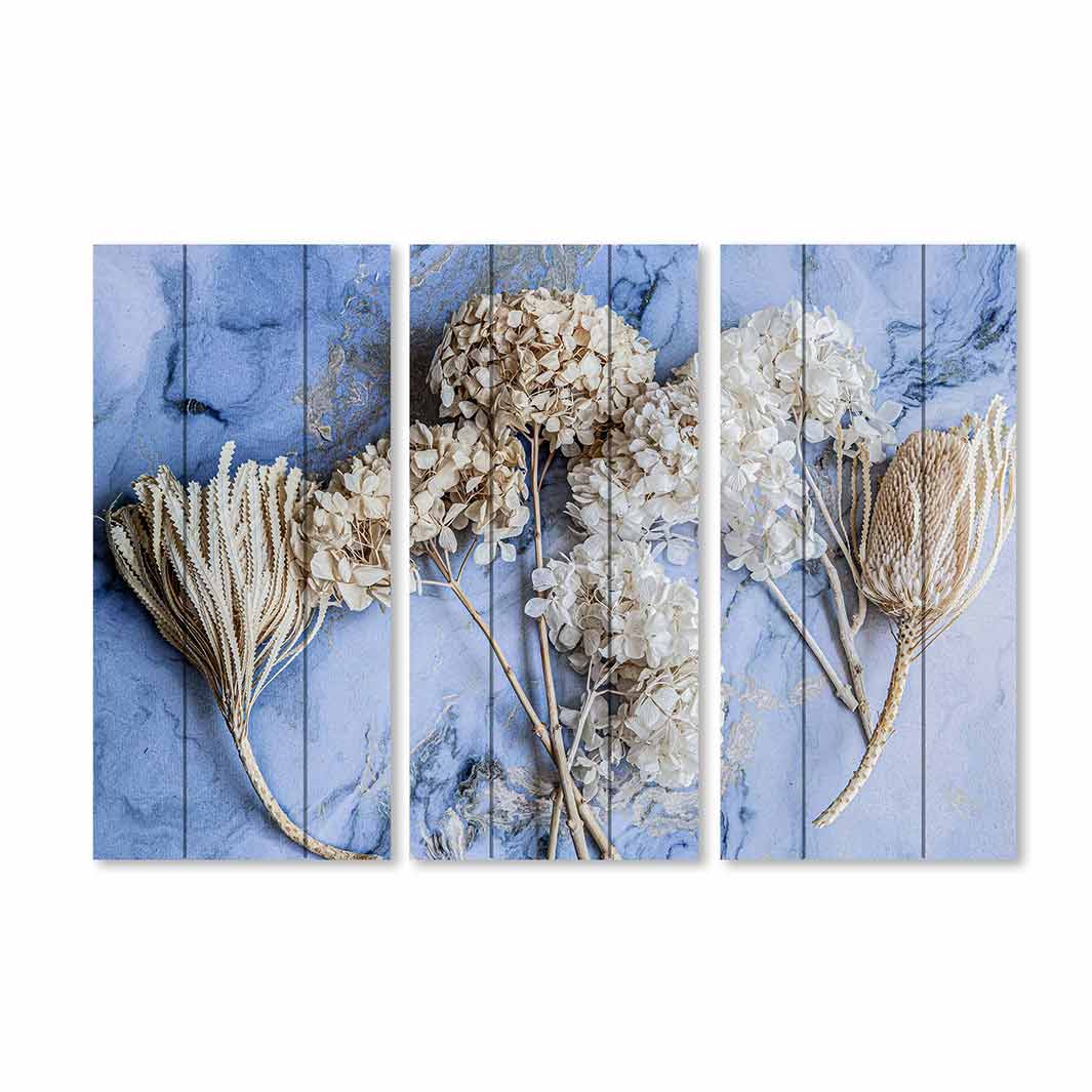 FLORAL CREAM BLEACHED HYDRANGEAS ON BLUE MDF 3 PIECE COLLAGE