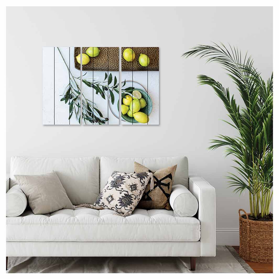 NATURAL YELLOW OLIVE LEAVES AND LEMONS ON WHITE MDF 3 PIECE COLLAGE