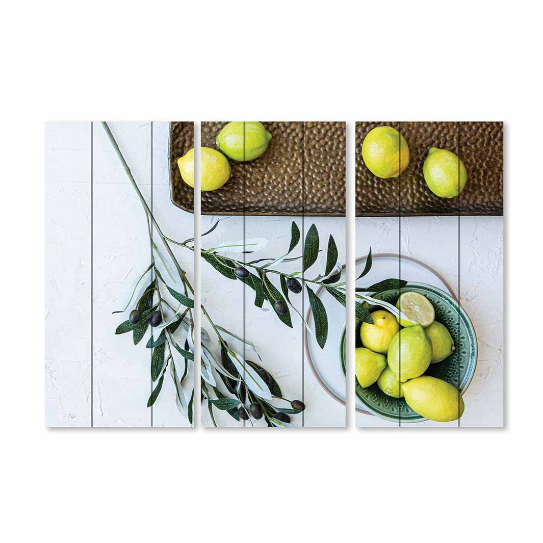 NATURAL YELLOW OLIVE LEAVES AND LEMONS ON WHITE MDF 3 PIECE COLLAGE