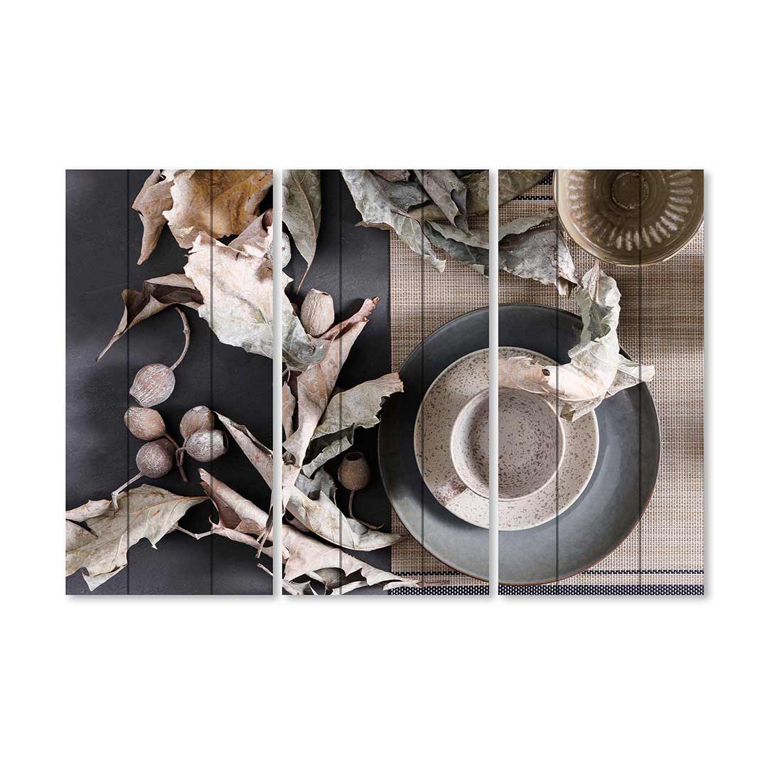 RUSTIC GREY STILL LIFE WITH LEAVES MDF 3 PIECE COLLAGE